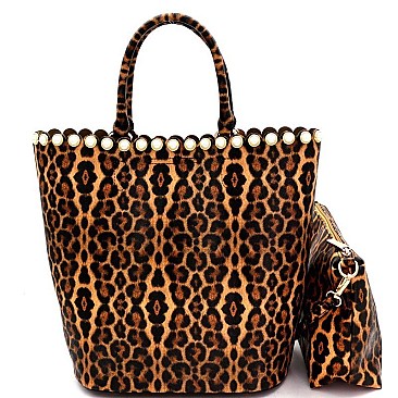 2 IN 1 PEARL ACCENT LEOPARD PRINT TOTE SET