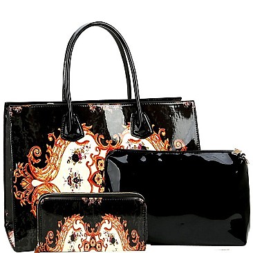 3 in 1 Antique Pattern Patent Satchel Wallet SET