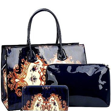 3 in 1 Antique Pattern Patent Satchel Wallet SET