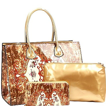 3 in 1 Antique Pattern Patent Satchel Wallet SET