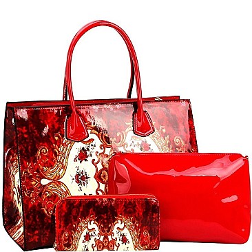 3 in 1 Antique Pattern Patent Satchel Wallet SET
