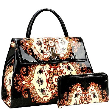 Flip-Lock Antique Pattern Patent Satchel Wallet SET