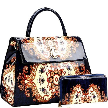 Flip-Lock Antique Pattern Patent Satchel Wallet SET