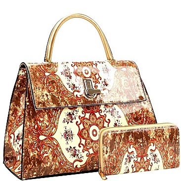 Flip-Lock Antique Pattern Patent Satchel Wallet SET