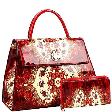 Flip-Lock Antique Pattern Patent Satchel Wallet SET