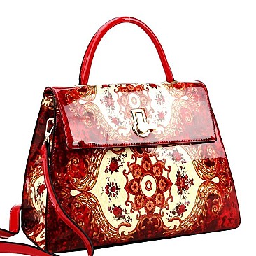 Flip-Lock Antique Pattern Patent Satchel Wallet SET