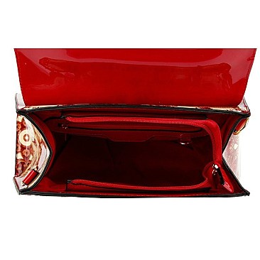 Flip-Lock Antique Pattern Patent Satchel Wallet SET