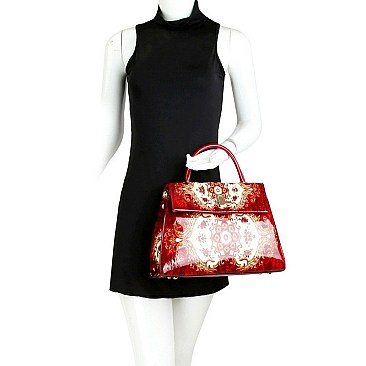 Flip-Lock Antique Pattern Patent Satchel Wallet SET