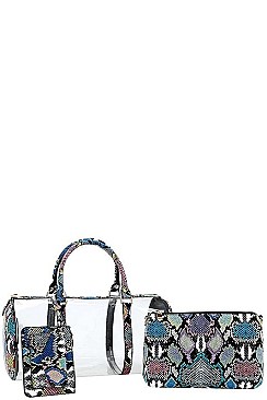 3IN1 TRENDY PYTHON PATTERN TRANSPARENT TUBE BAG WITH LONG STRAP