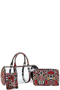 3IN1 TRENDY PYTHON PATTERN TRANSPARENT TUBE BAG WITH LONG STRAP