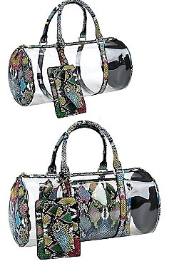 3IN1 TRENDY PYTHON PATTERN TRANSPARENT TUBE BAG WITH LONG STRAP
