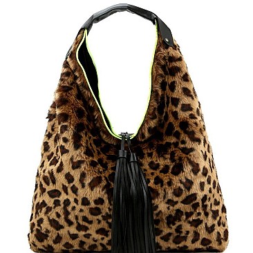Faux-Fur Tassel Accent Leopard Print Hobo