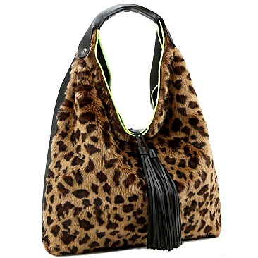 Faux-Fur Tassel Accent Leopard Print Hobo