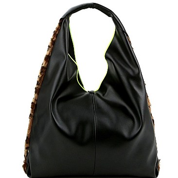 Faux-Fur Tassel Accent Leopard Print Hobo