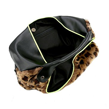 Faux-Fur Tassel Accent Leopard Print Hobo