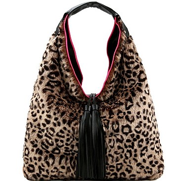 Faux-Fur Tassel Accent Leopard Print Hobo