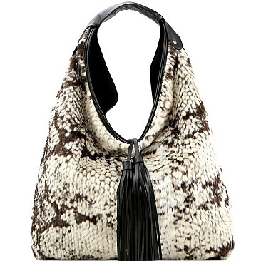 Snake Print Tassel Accent Faux-Fur Single Strap Hobo