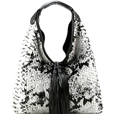 Snake Print Tassel Accent Faux-Fur Single Strap Hobo