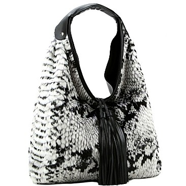 Snake Print Tassel Accent Faux-Fur Single Strap Hobo