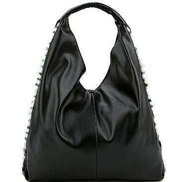 Snake Print Tassel Accent Faux-Fur Single Strap Hobo