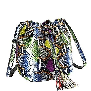 Medium Snake Print Drawstring Shoulder Bag