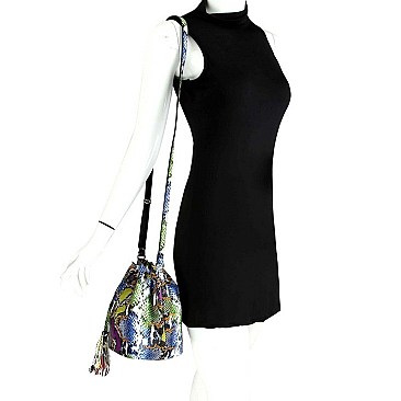 Medium Snake Print Drawstring Shoulder Bag