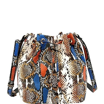 Medium Snake Print Drawstring Shoulder Bag