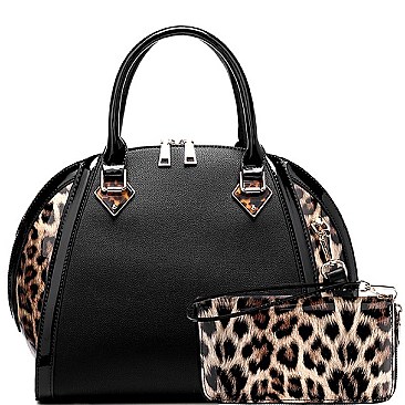 Patent Leopard Trim 2-Way Satchel Wallet Set