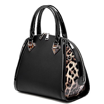 Patent Leopard Trim 2-Way Satchel Wallet Set