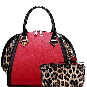 Patent Leopard Trim 2-Way Satchel Wallet Set