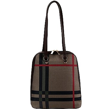 Convertible Plaid Checker Print Linen Backpack Wallet SET