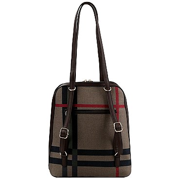 Convertible Plaid Checker Print Linen Backpack Wallet SET