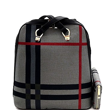 Convertible Plaid Checker Print Linen Backpack Wallet SET