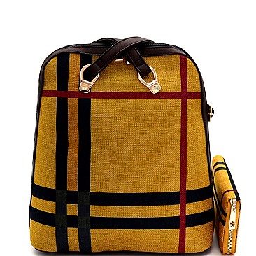 Convertible Plaid Checker Print Linen Backpack Wallet SET