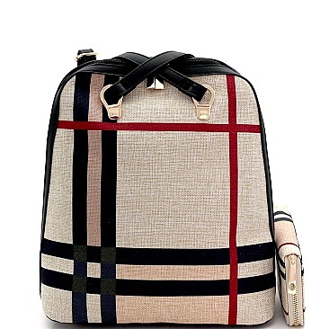 Convertible Plaid Checker Print Linen Backpack Wallet SET