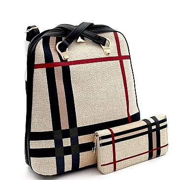 Convertible Plaid Checker Print Linen Backpack Wallet SET