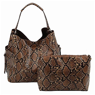 2 in 1Snake Skin Side Zipper Pocket Accent Hobo