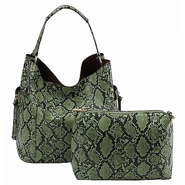2 in 1Snake Skin Side Zipper Pocket Accent Hobo
