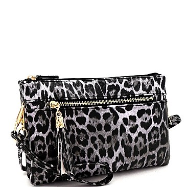 3-Compartment Tassel Accent Leopard Print Cross Body