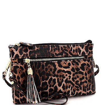 3-Compartment Tassel Accent Leopard Print Cross Body