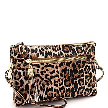 3-Compartment Tassel Accent Leopard Print Cross Body