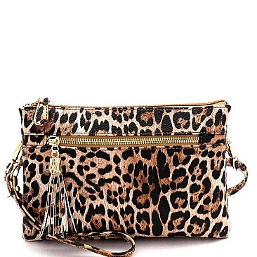 3-Compartment Tassel Accent Leopard Print Cross Body