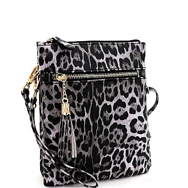 3-Compartment Tassel Accent Leopard Print Cross Body
