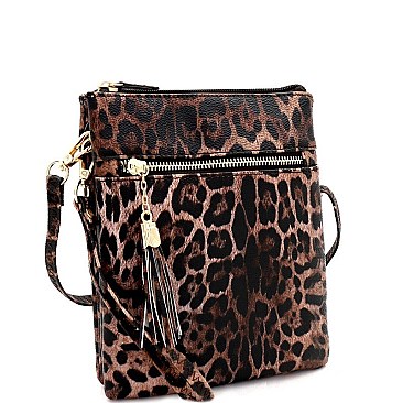 3-Compartment Tassel Accent Leopard Print Cross Body