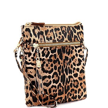 3-Compartment Tassel Accent Leopard Print Cross Body