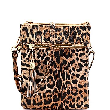 3-Compartment Tassel Accent Leopard Print Cross Body