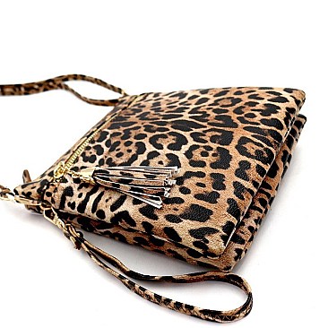 3-Compartment Tassel Accent Leopard Print Cross Body