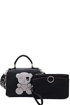 2 IN 1 CUTE BEAR PATCH AND STUDDED SATCHEL WITH CLUTCH SET