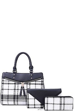 3IN1 TRENDY PLAID CHECK SATCHEL CLUTCH AND WALLET SET