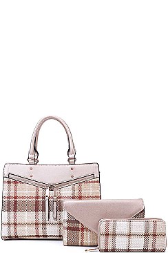 3IN1 TRENDY PLAID CHECK SATCHEL CLUTCH AND WALLET SET